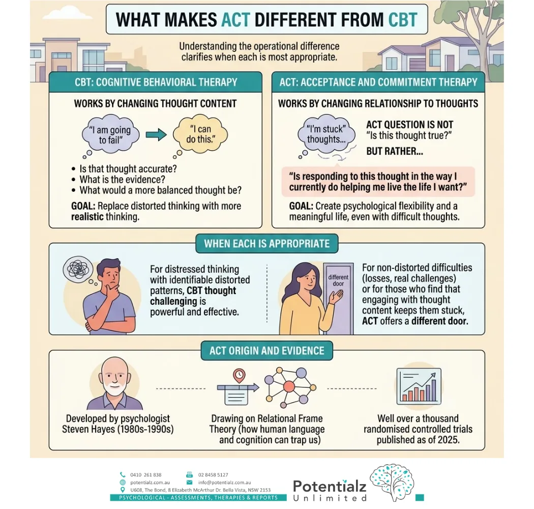 Infographic comparing ACT and CBT — CBT changes the content of thoughts while ACT changes your relationship to thoughts and builds psychological flexibility, with guidance on when each approach is most appropriate