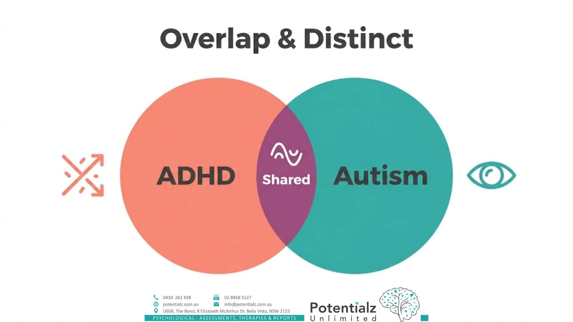 Overlap and distinct features between ADHD and autism — shared features in the middle, distinct features on each side