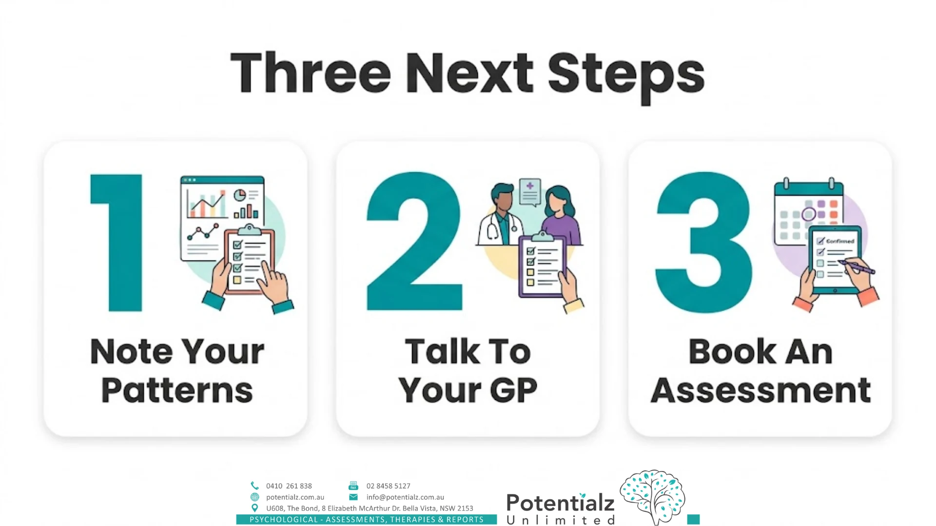 Three next steps for an adult considering an ADHD or autism assessment — note your patterns, talk to your GP, book an assessment