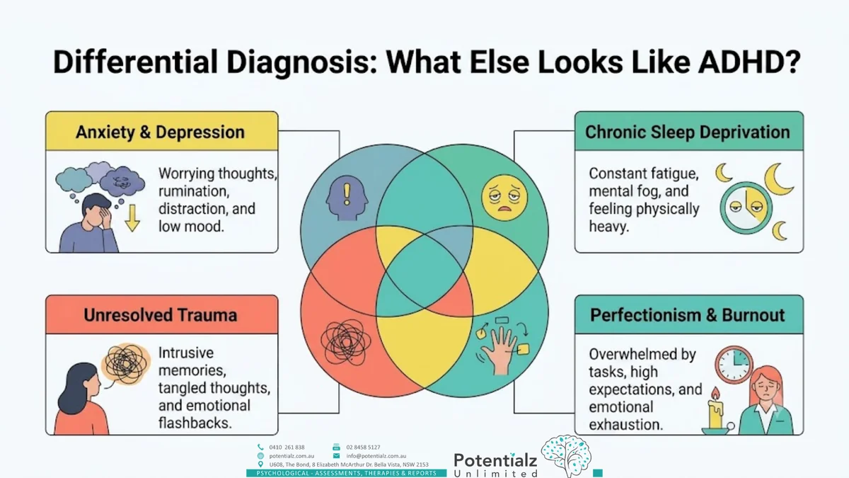 Infographic: five recognisable groups of adults seeking ADHD assessment — the person 'missed at school', women diagnosed late, high-effort compensators, adults whose anxiety or depression treatment left a residual attention pattern, and family members of someone recently diagnosed