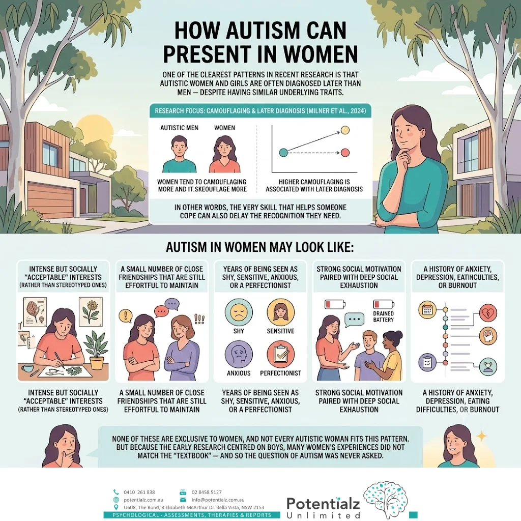 Infographic: why late diagnosis is common — historical criteria built around young boys, narrow stereotypes, high rates of masking, and mental-health co-occurrences (anxiety, depression, ADHD) that get treated in isolation