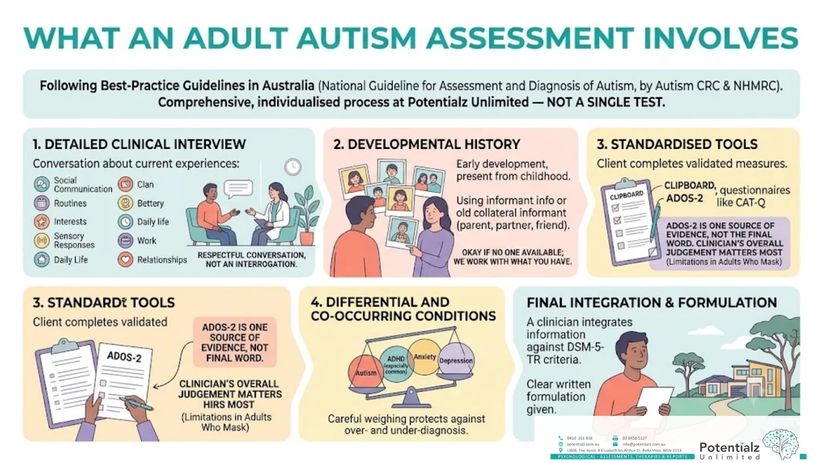 Infographic: common signs adults notice — social exhaustion, sensory sensitivities, deep focused interests, need for routine and sameness, difficulty with unwritten rules, feeling different since childhood, and repeated late-hit anxiety or burnout episodes