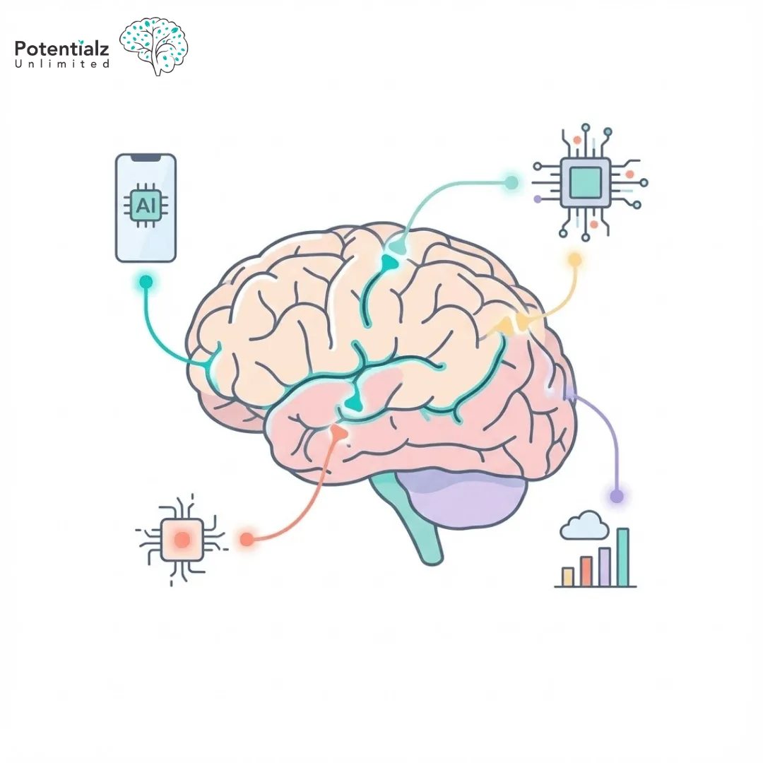 The image illustrates a brain in profile, highlighting glowing synapses interconnected with digital icons that symbolize AI technology, smartphones, and data analytics, showcasing the fusion of human cognition and advanced digital systems.