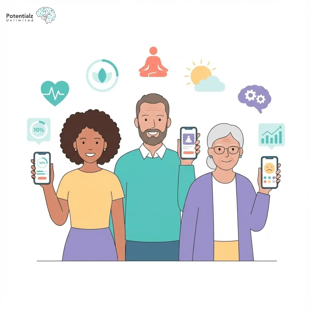 Diverse individuals explore the benefits of AI apps for health, mindfulness, and productivity.