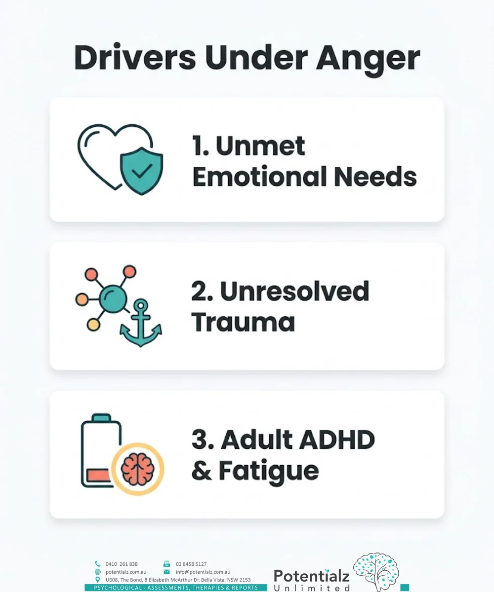 Three-item infographic of common drivers sitting under chronic anger: unmet emotional needs, unresolved trauma, and adult ADHD with fatigue.