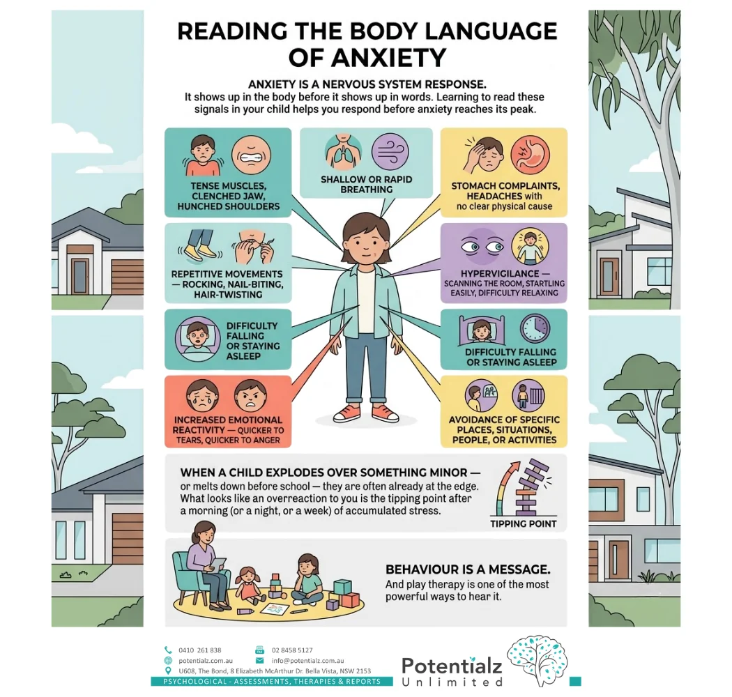 Infographic: reading the body language of anxiety in children — the nervous-system signals and physical signs that anxiety is a message