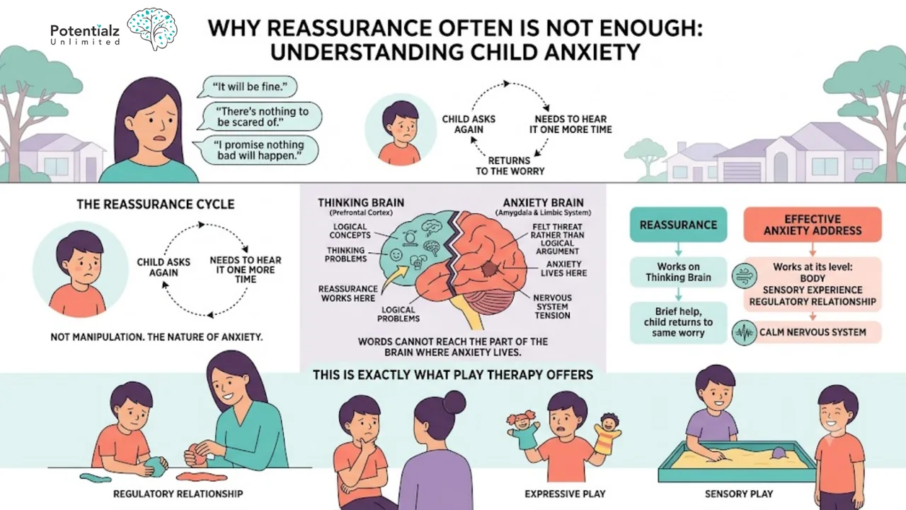 Infographic: why reassurance is often not enough for child anxiety — the reassurance cycle, the thinking brain vs the anxiety brain, and what play therapy offers