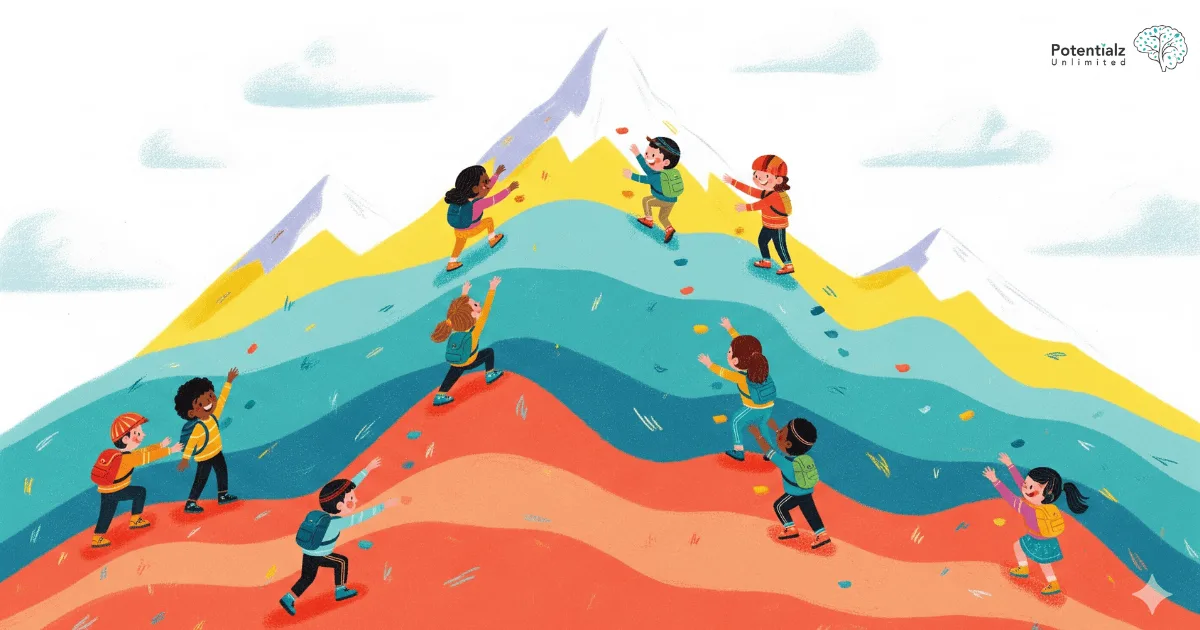 Children joyfully climb a colorful mountain, each at their own pace, representing different WISC score ranges in a supportive and motivational setting.