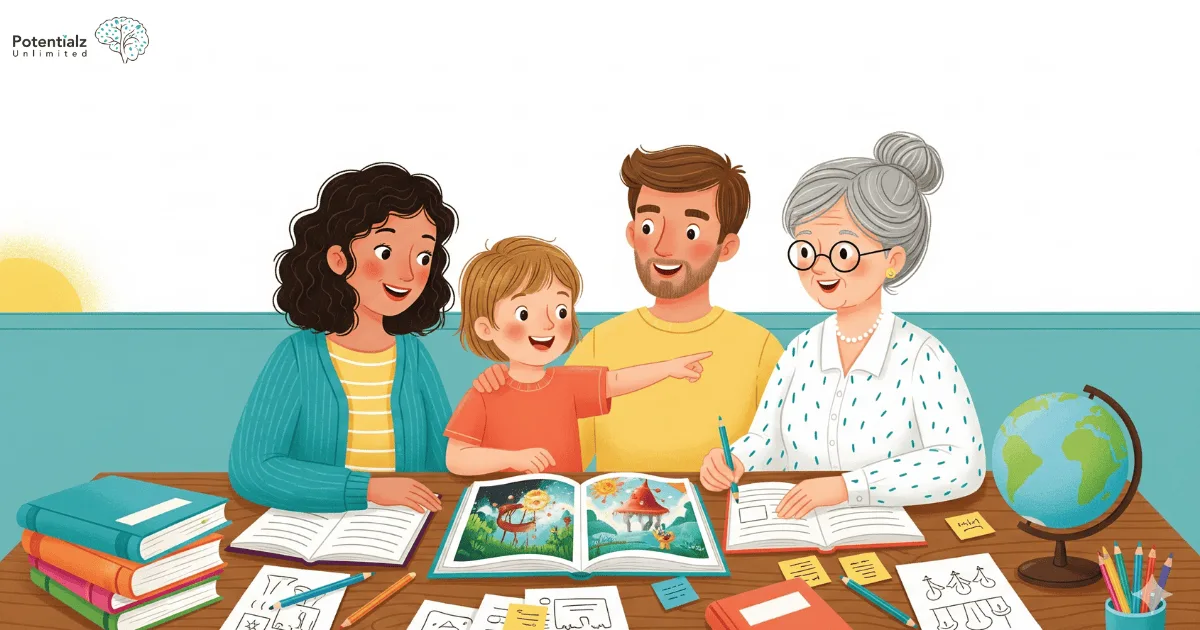 Family and teacher collaborate in a joyful learning session, fostering support and understanding around the table.