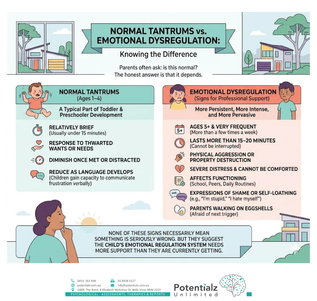 Infographic: tantrum vs meltdown — duration, intensity, recovery and warning signs that suggest emotional dysregulation rather than typical developmental protest