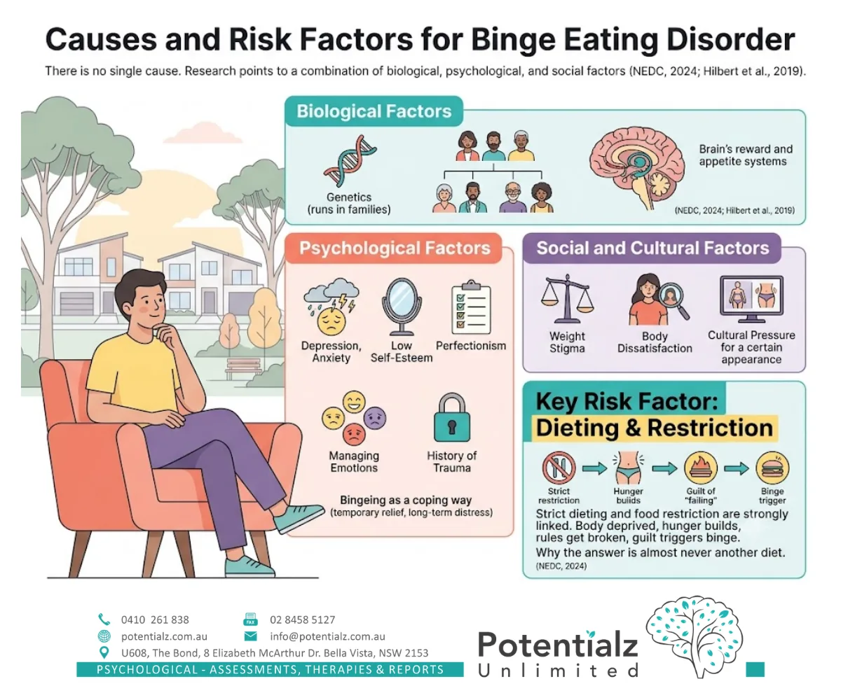 Infographic: causes and risk factors for binge eating disorder — biological factors (genetics, brain reward systems), psychological factors (depression, anxiety, perfectionism, trauma), social and cultural factors (weight stigma, body dissatisfaction), and the dieting-restriction trigger pathway