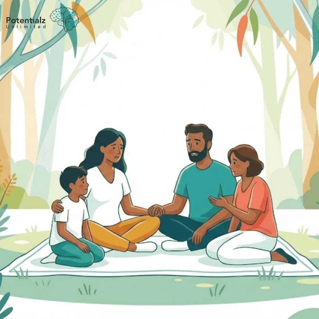 A loving family enjoys quality time together on a picnic mat in a serene Australian park, surrounded by native eucalyptus trees.