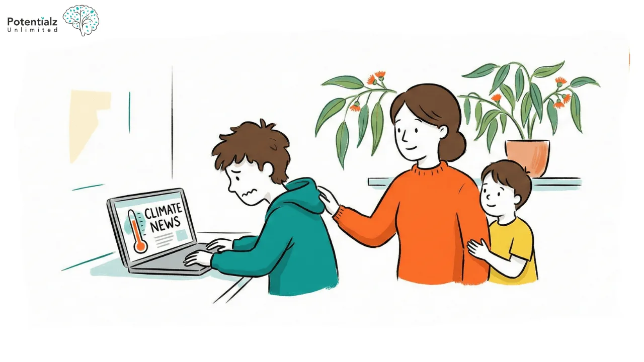 A concerned young teenager in Australia reads climate news on a laptop, finding comfort in the supportive presence of family members by their side.