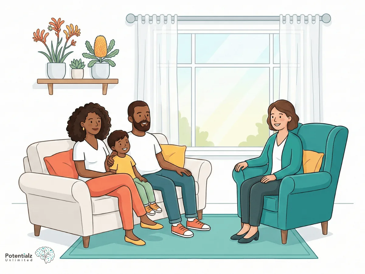 
A psychologist engages with a diverse family in a warm and welcoming environment, filled with natural light and comfortable seating, fostering open communication.