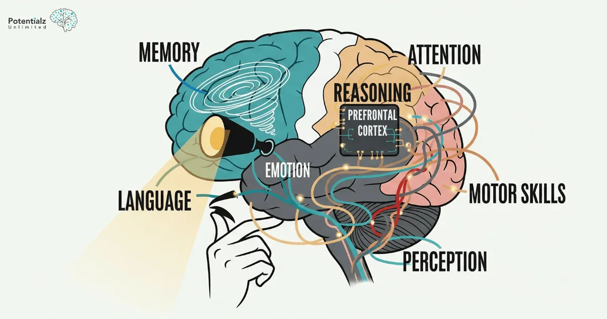 Illustration of the human brain highlighting sections responsible for cognitive skills such as memory, attention, reasoning, emotion, language, motor skills, and perception.
