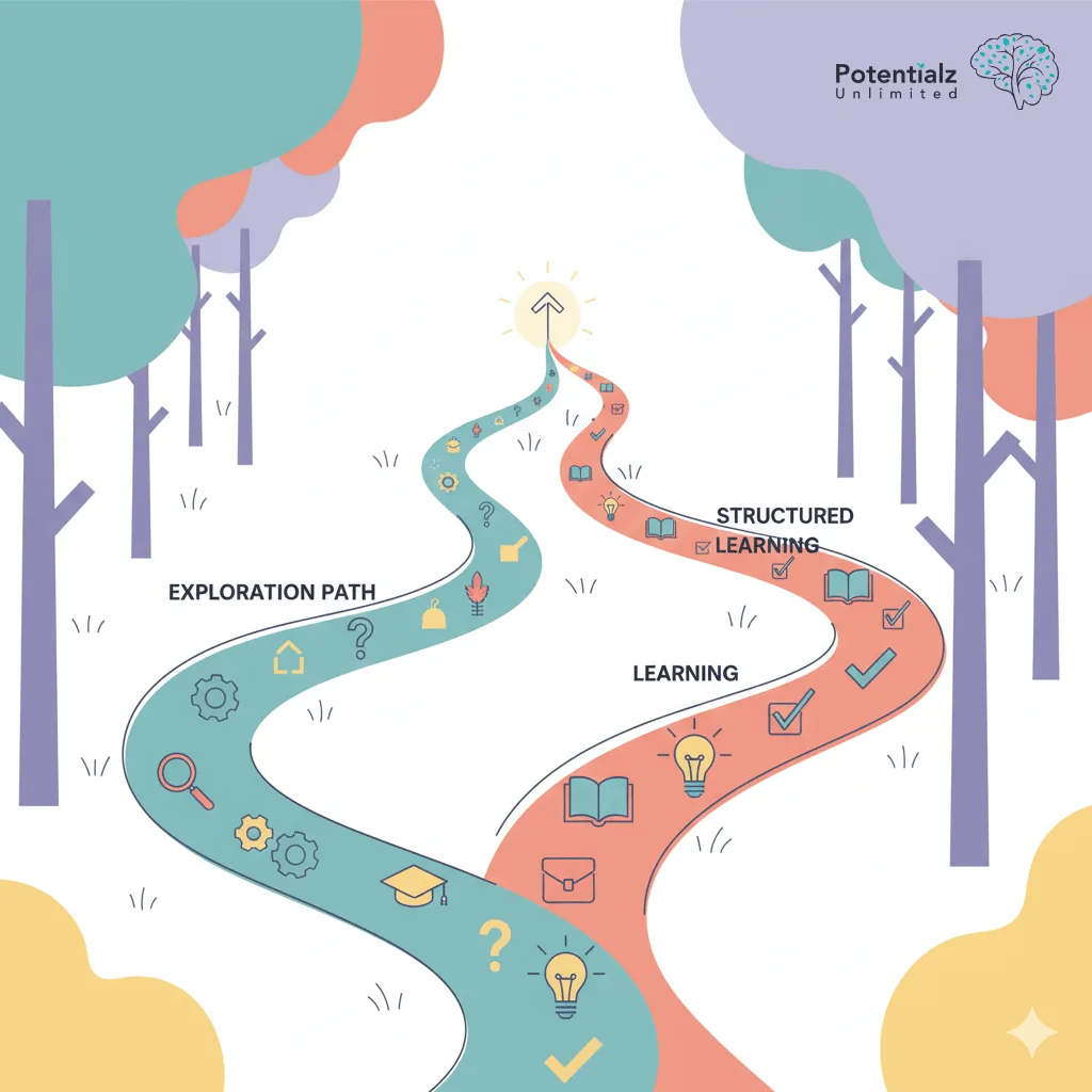 Two pathways through the forest symbolize distinct learning journeys: the exploration path and structured learning, both guiding forward to new horizons.
