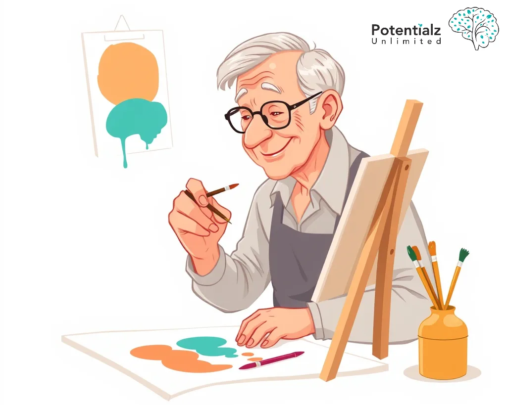 An older adult fully immersed in learning to paint, exemplifying concentration and the joy of discovering new skills.