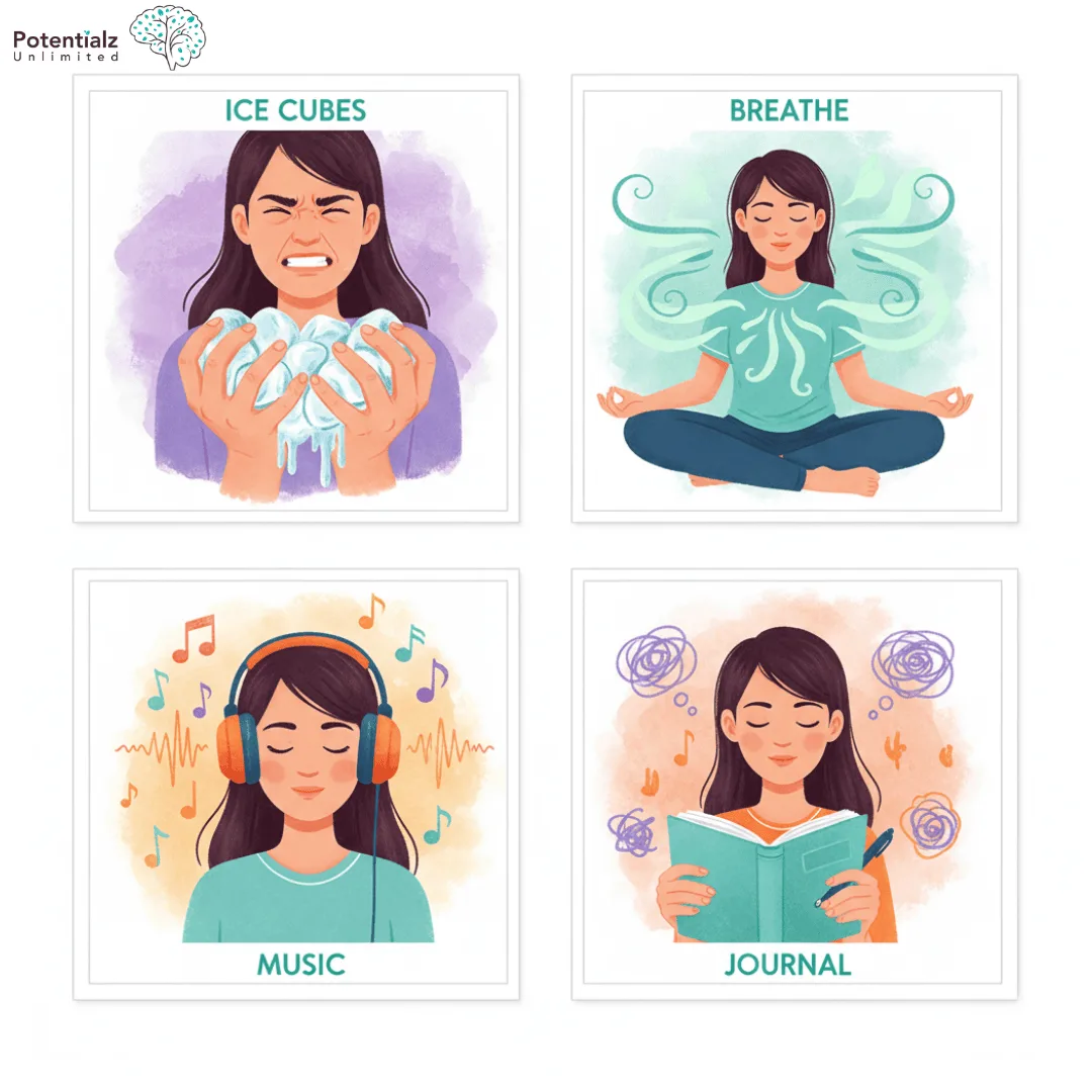 Exploring distress tolerance techniques: using ice cubes, practicing mindful breathing, enjoying music, and journaling.