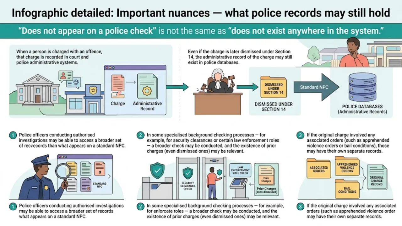 Infographic: important nuances — what police records may still hold; not appearing on a police check is not the same as not existing in any system