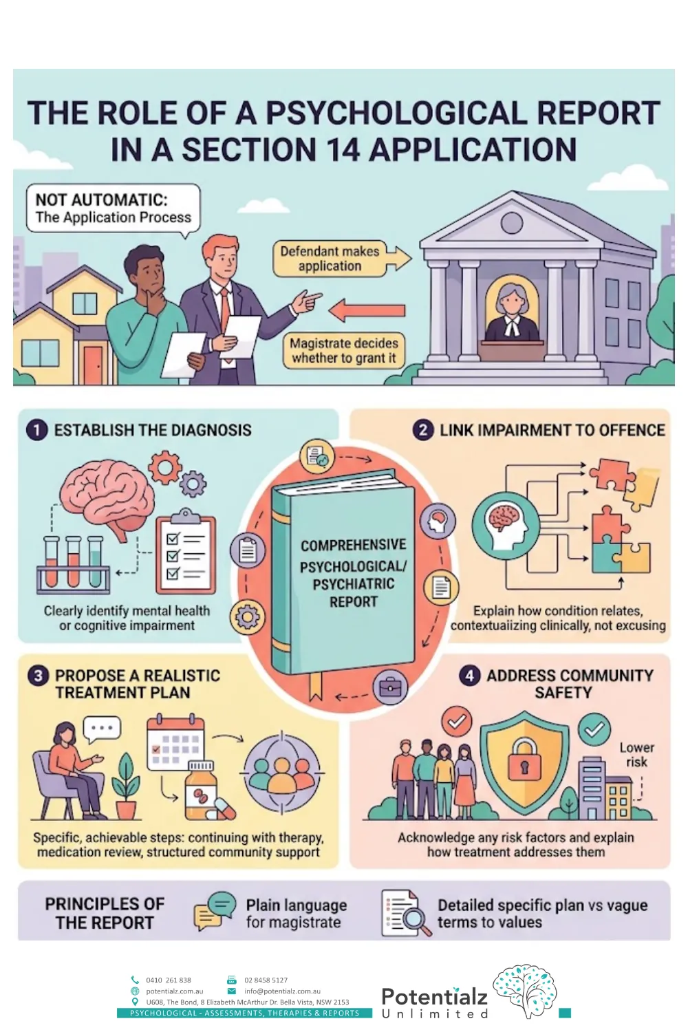 Infographic: the role of a psychological report in a Section 14 application — establishing the diagnosis, linking impairment to offence, a treatment plan, and community safety