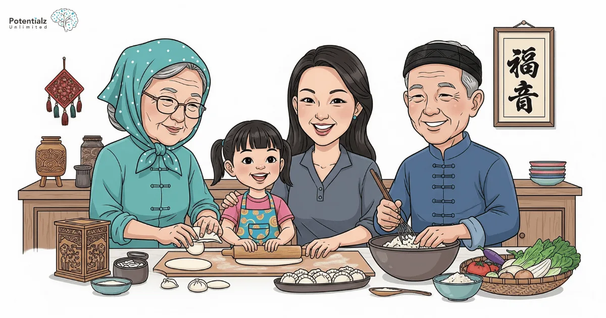 Three generations gather in the kitchen, blending cultural traditions as they joyfully prepare dumplings, highlighting the warmth and connection of family across ages.