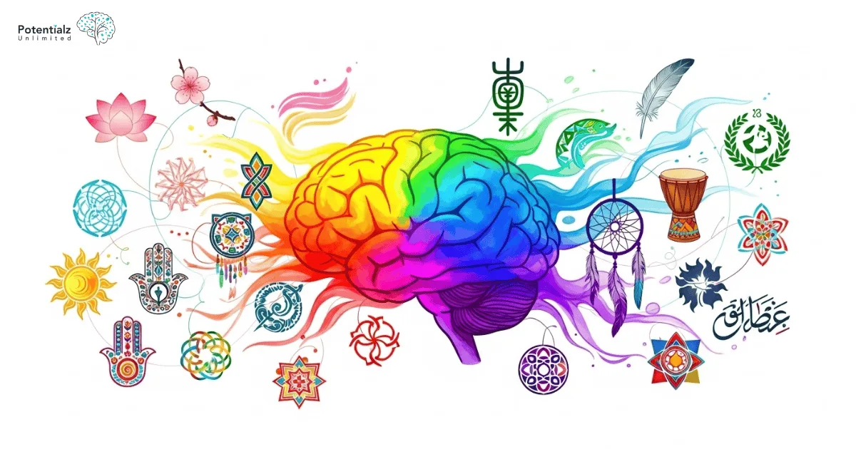 Illustration depicting a vibrant brain with highlighted emotional areas, surrounded by symbols of diverse cultures, emphasizing the universal impact of mental health across different communities.