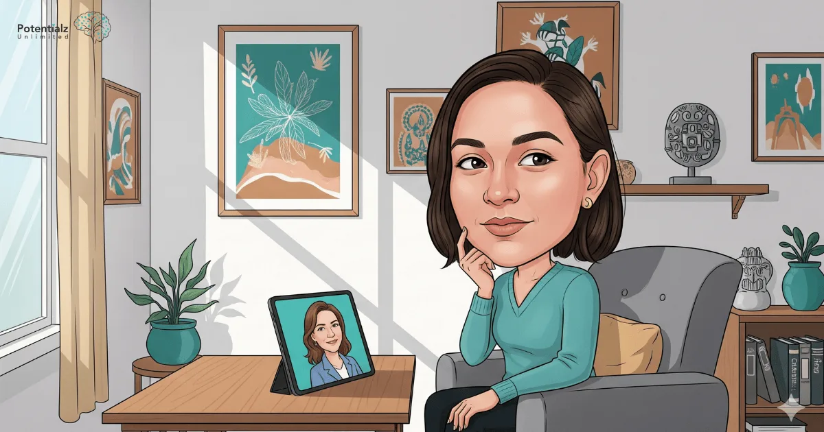 A person engages in a calming online therapy session on a tablet, surrounded by cultural artwork and bathed in warm natural light, creating a serene and supportive environment.