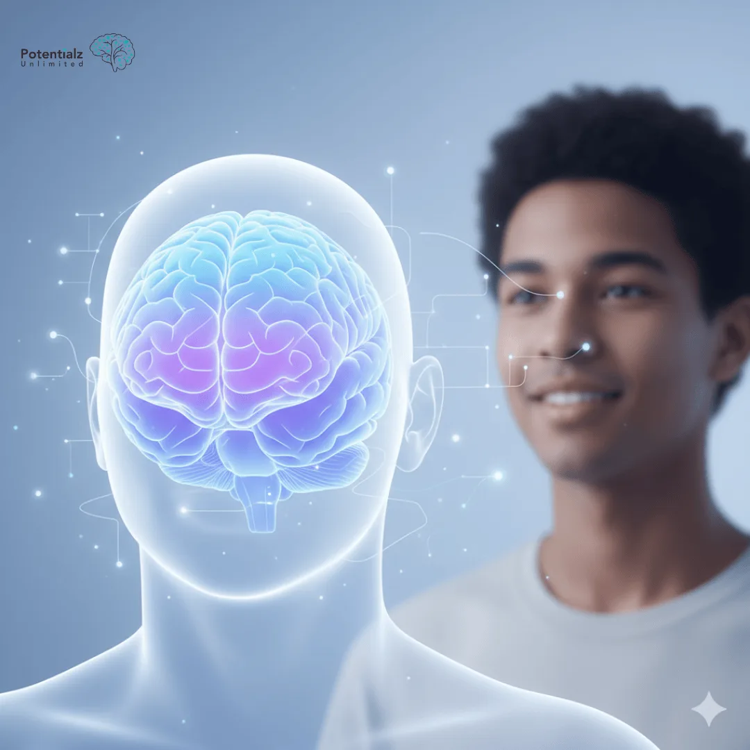 A futuristic illustration in soft blues and purples depicts brain healing with magnetic waves symbolizing restorative energy, as a hopeful young person observes in the background.