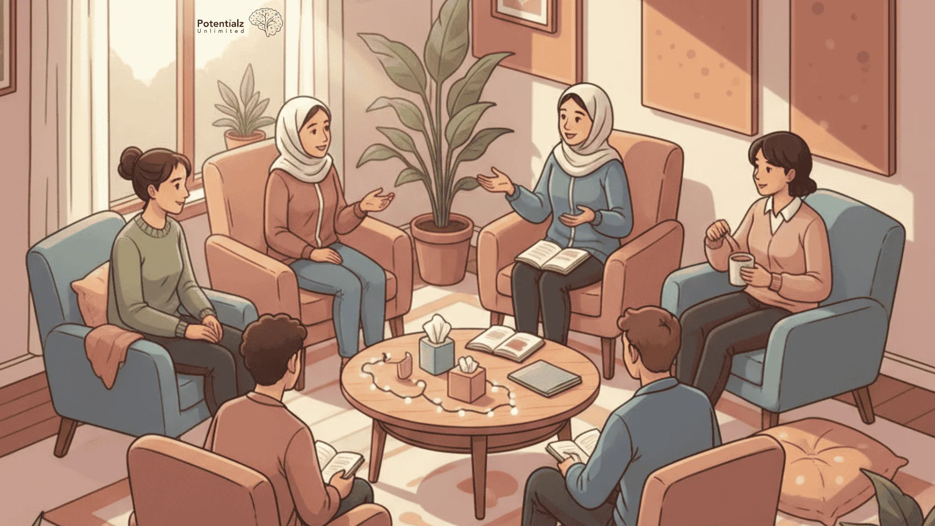 Young people gather in a sunlit room for a supportive therapy session, sharing stories and fostering healing in a circle of trust and understanding.