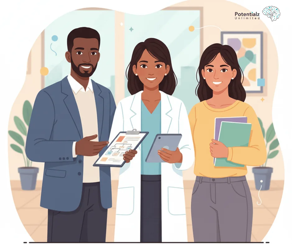 A diverse team of healthcare professionals, including a psychiatrist, psychologist, and social worker, stands together in a welcoming medical setting, illustrating teamwork and collaboration with their friendly expressions and professional attire.