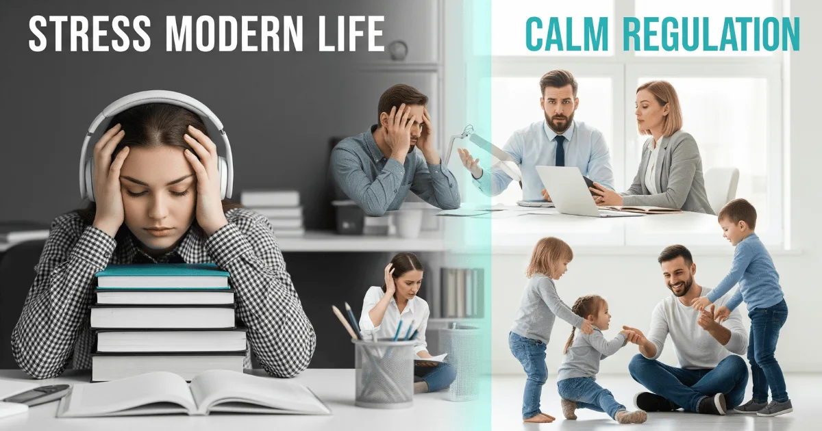 Image depicting individuals suffering from stress of modern life without regulating their emotions and those that have their emotions regulated.