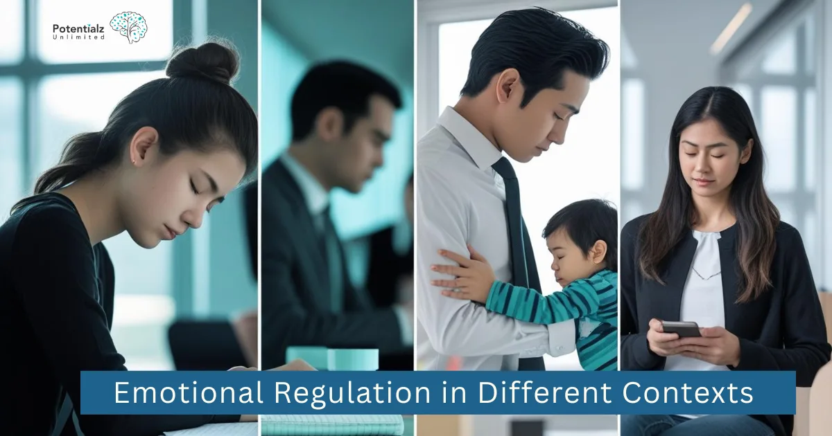 A day-in-the-life montage showing emotional regulation across different contexts, before an exam, before a meeting, minding the kids and during social media use