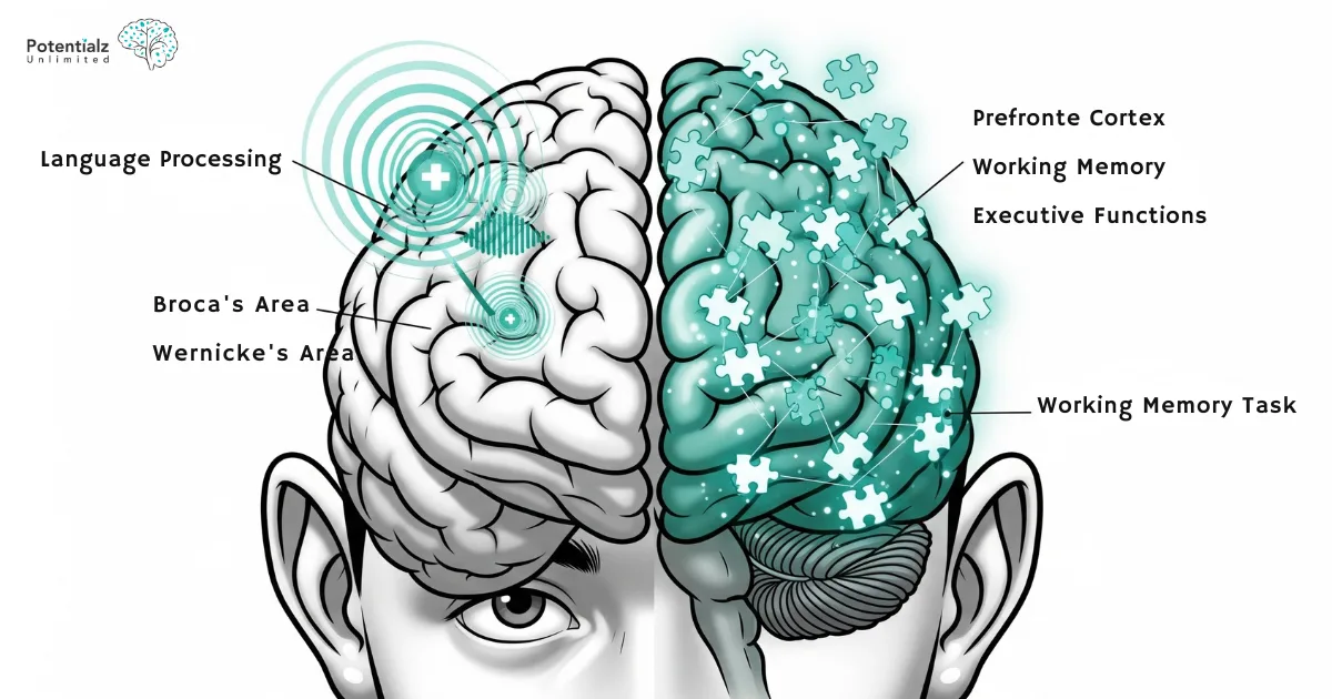 An illustration showing a student's brain during different cognitive tasks - one side showing verbal processing, the other showing working memory in action