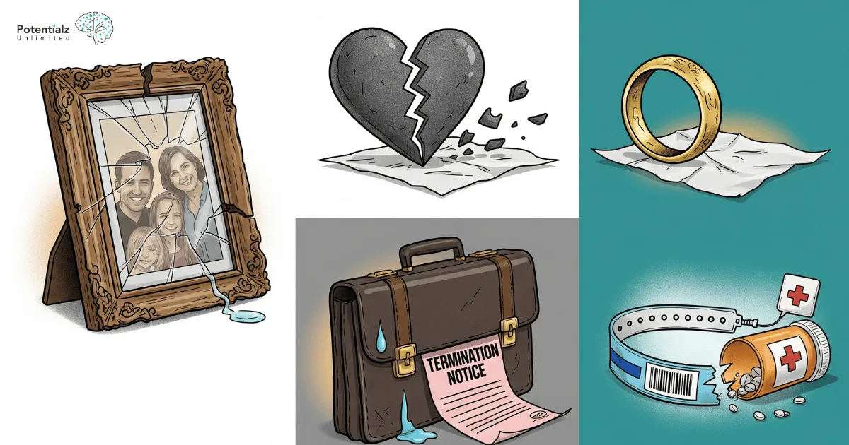Grief causing situations such as loss of family, relationship breakups, death of someone, job termination