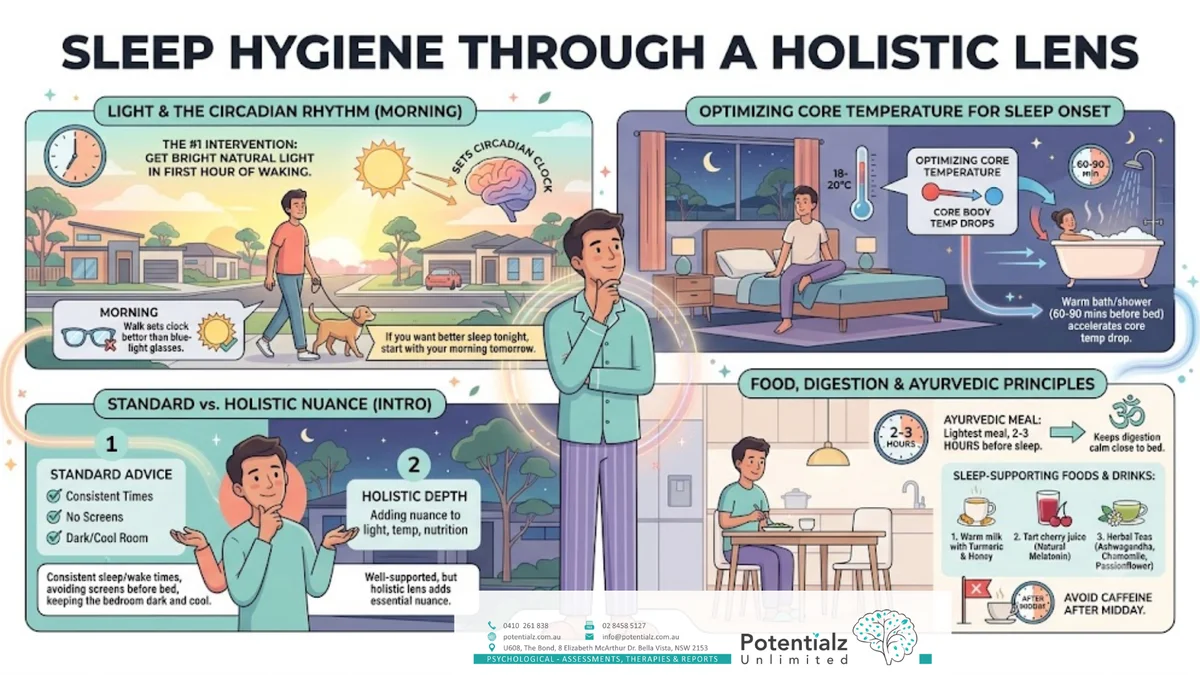 Infographic: sympathetic vs parasympathetic — sleep requires parasympathetic dominance; sympathetic activation stays on through unresolved daily stress, anxiety and rumination, anticipatory anxiety about sleep, and underlying mood difficulties