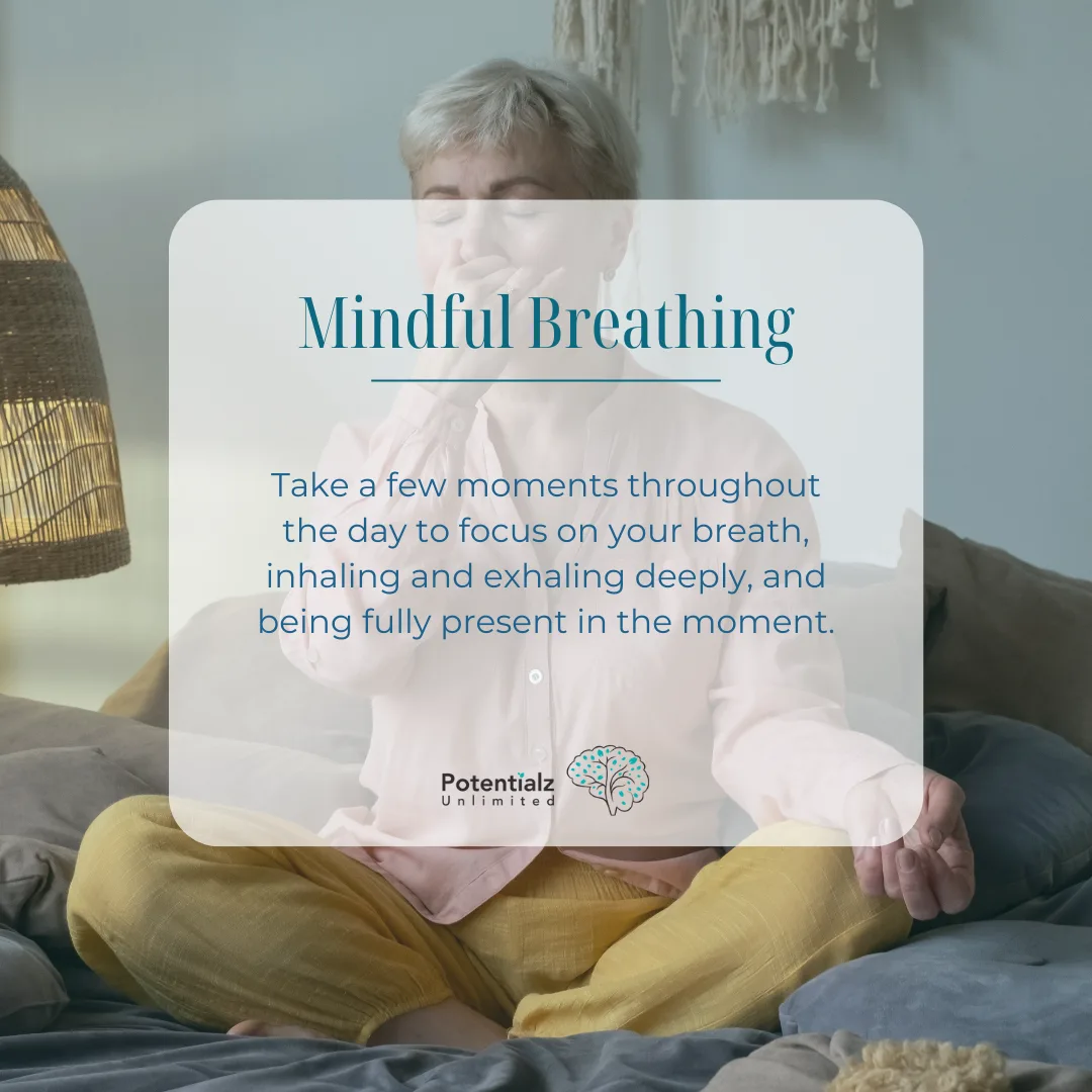 An individual practices mindful breathing on a cozy couch, focusing on deep inhalation and exhalation to cultivate presence and relaxation.