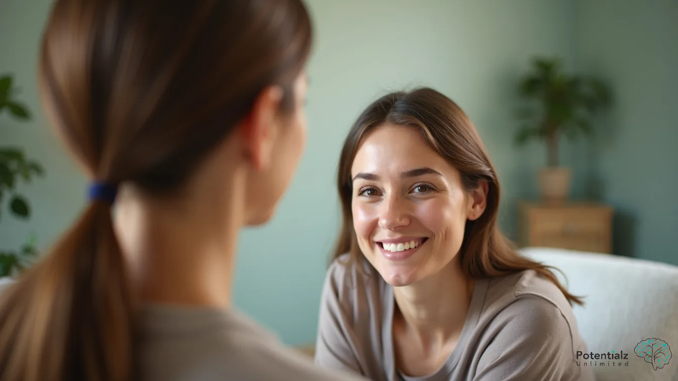 A client shares a positive moment with their therapist in a serene and welcoming practice room, fostering open communication and support.