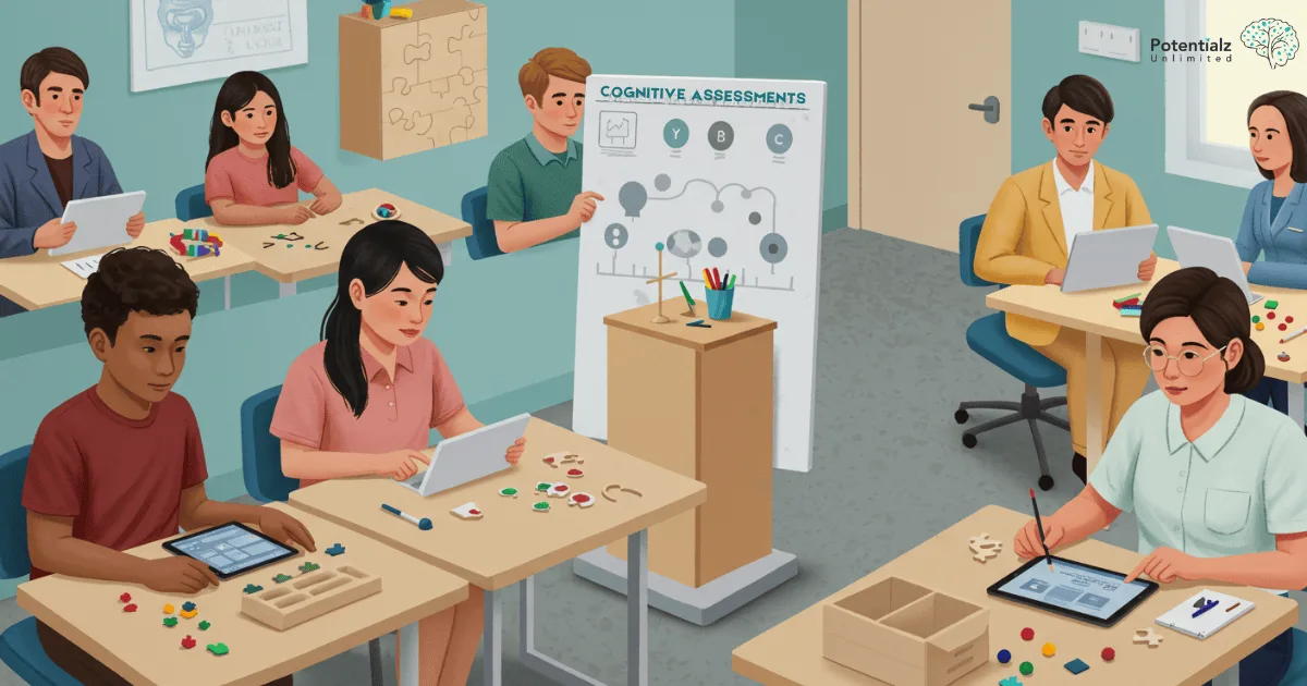 students and adults engaged in various cognitive assessment activities