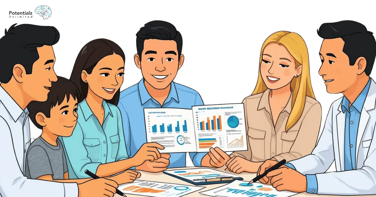 A family discussing cognitive assessment results with psychologists.