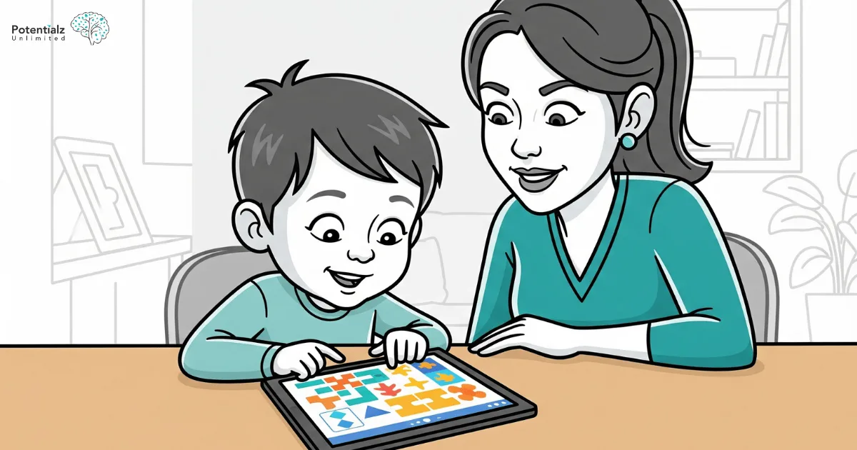 A child performing cognitive assessment tests on a tablet