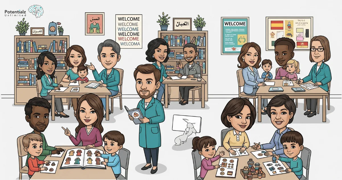 A testing session showing professionals working with families from different cultural backgrounds