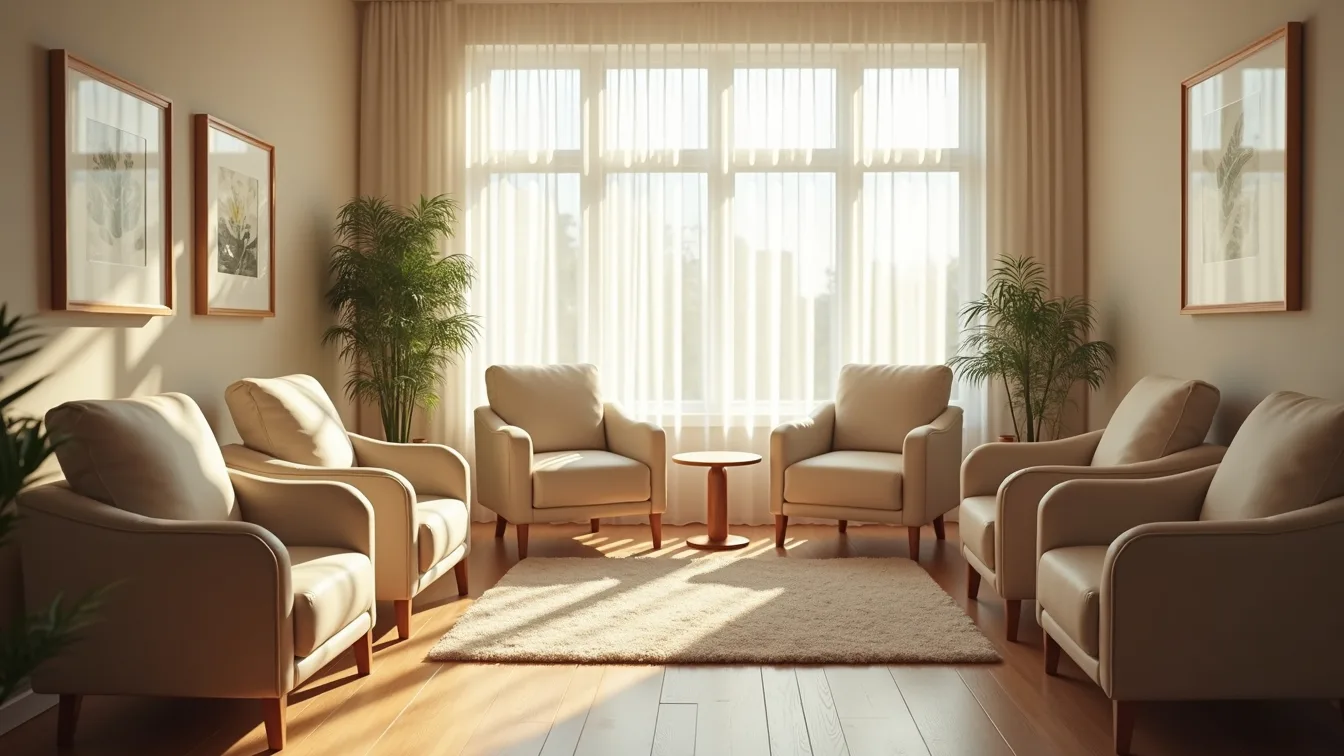 Cozy therapy room bathed in natural light, featuring comfortable armchairs, soft textures, and a calming ambiance.