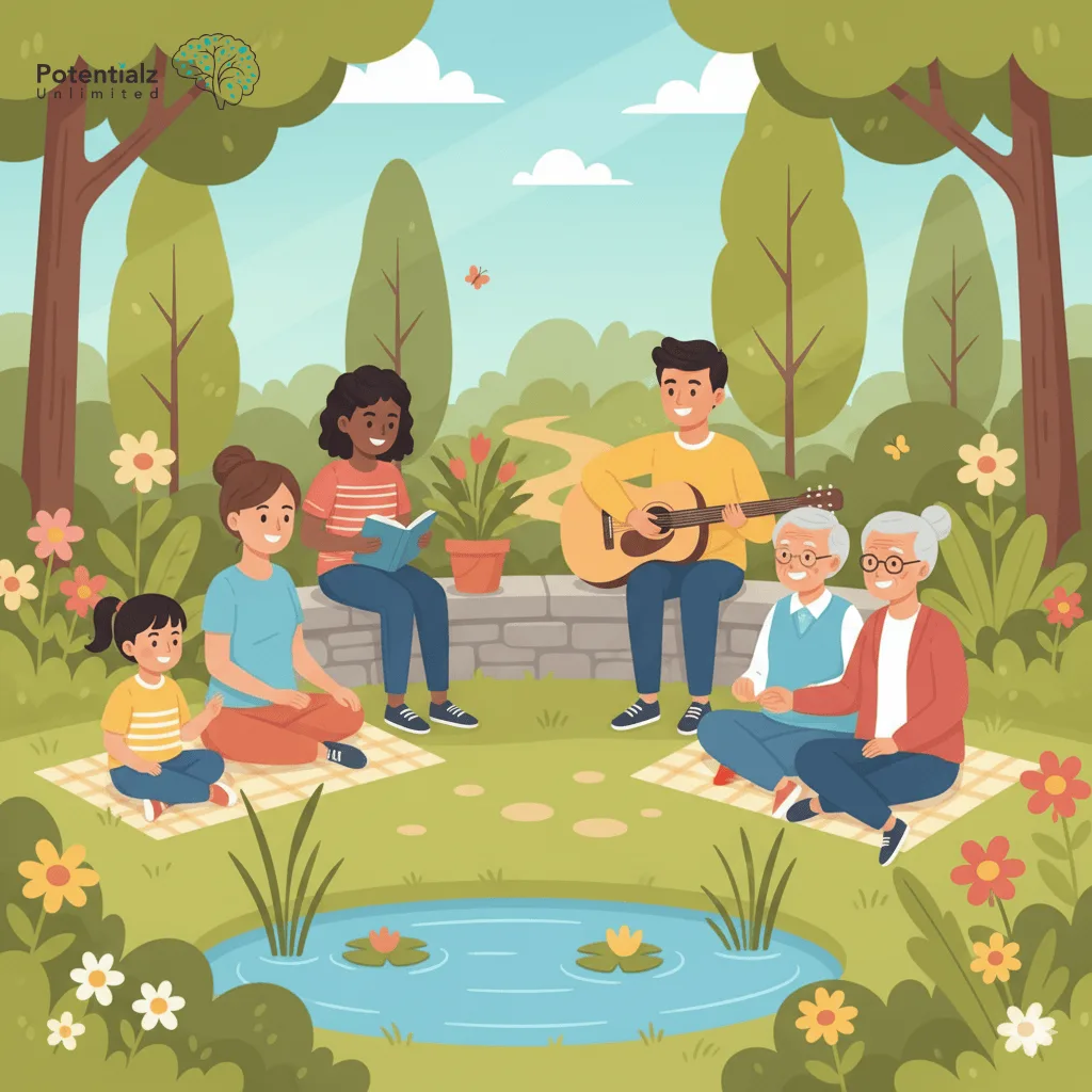 A diverse group of people of various ages gather in a serene garden, symbolizing healing and recovery in a peaceful, natural setting.