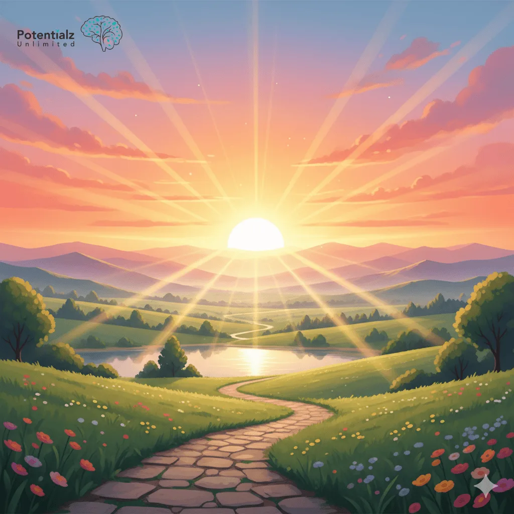 Sunrise illuminates the path ahead, symbolizing hope and the journey toward healing amidst a serene landscape.