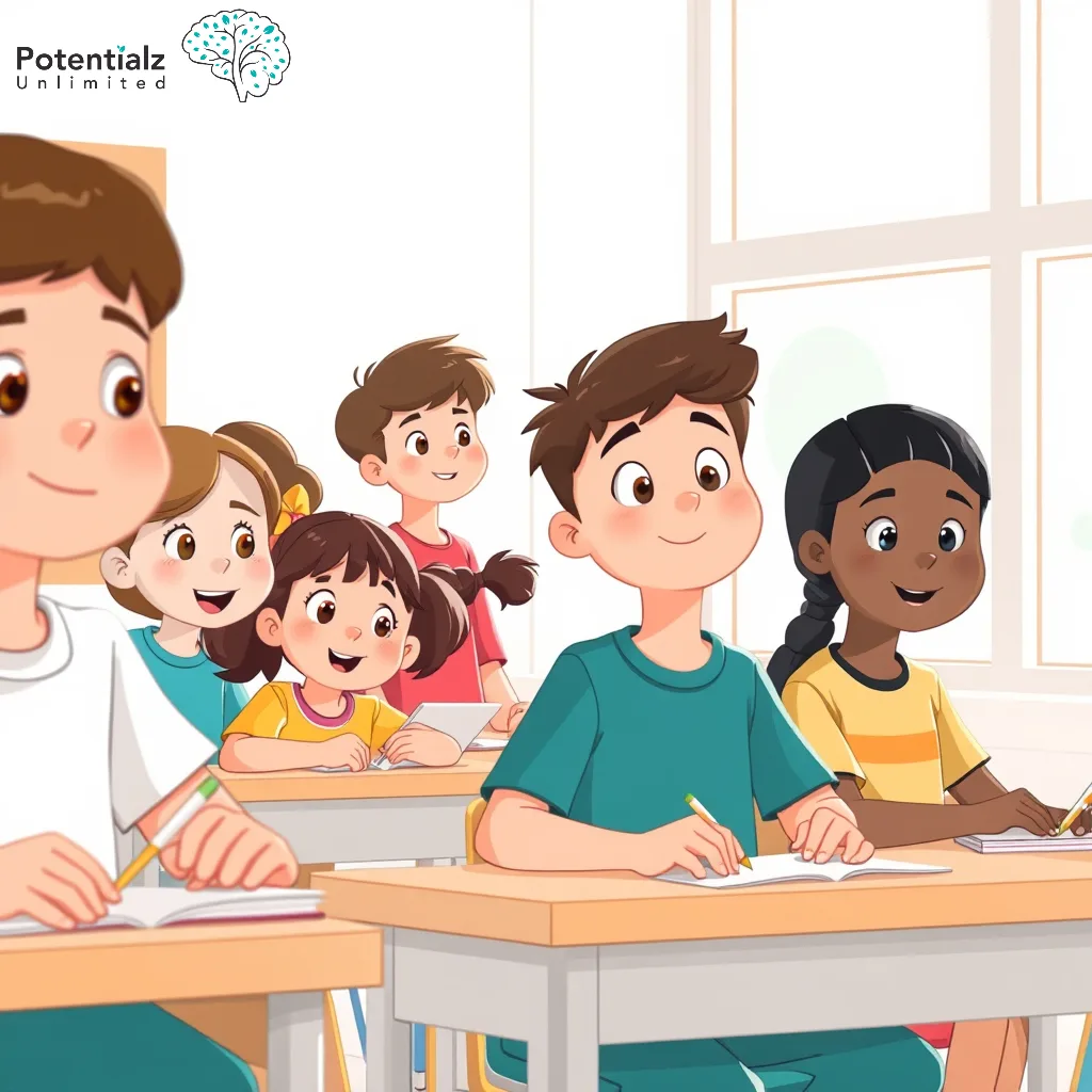 Children engaged in a classroom activity, with one child gazing out the window, bathed in warm natural light.