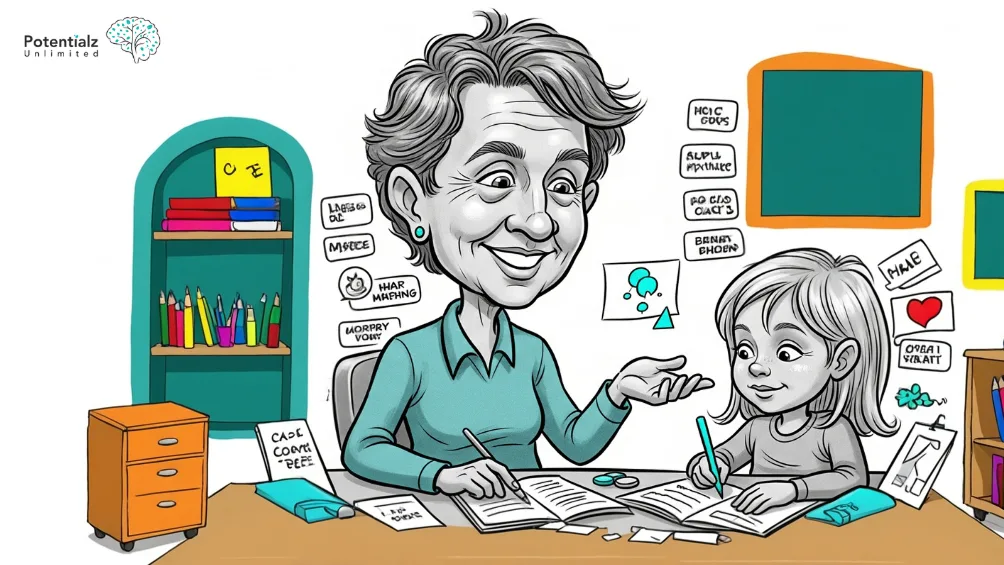 A teacher engages with a student in a bright, encouraging classroom, utilizing visual aids and organizational tools to enhance learning.