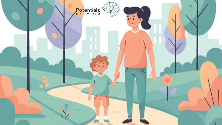 A parent and child walk hand in hand along a sunlit path in Bella Vista, enveloped by nature's warmth, symbolizing hope and progress.