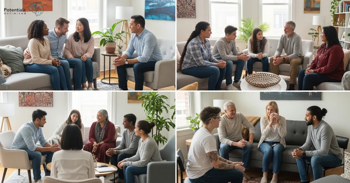 
People from diverse backgrounds come together in therapy sessions, demonstrating its universal effectiveness in strengthening all types of relationships.