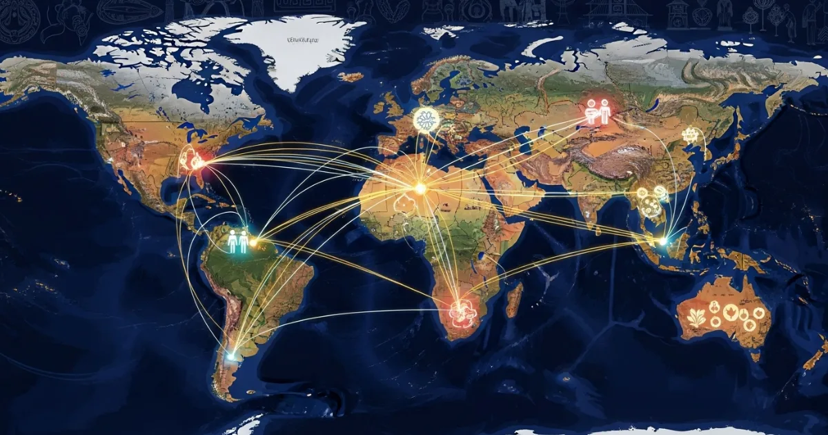 
Illuminated pathways across a world map illustrate the interconnected web of diverse cultures, showcasing vibrant exchanges and connections on a global scale.
