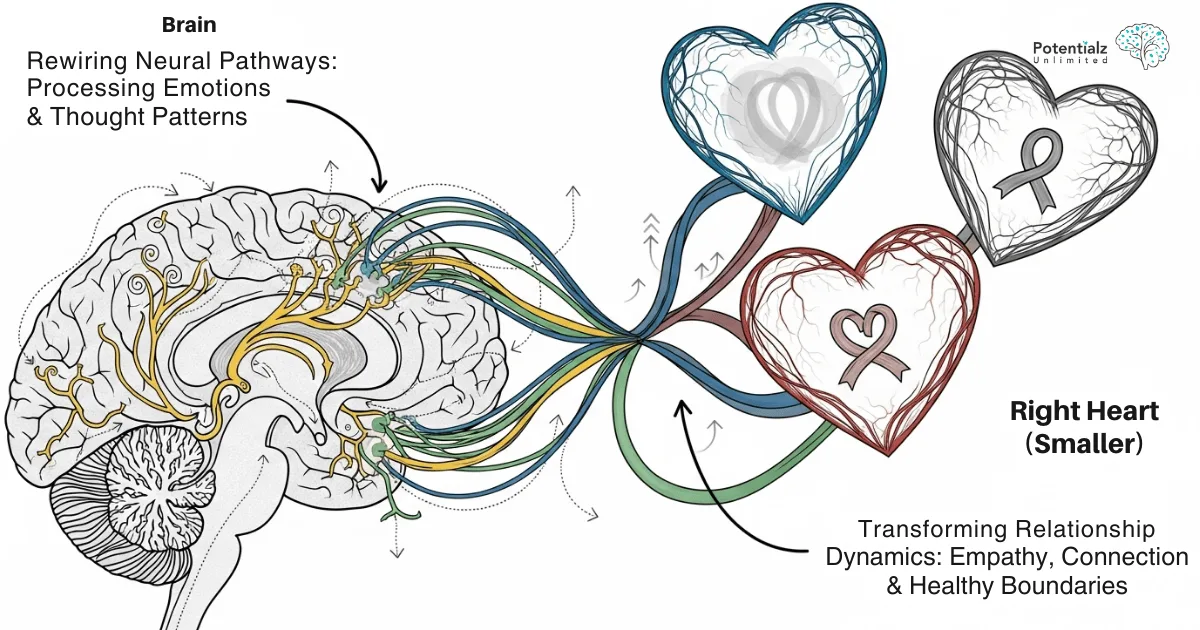 
Diagram illustrating the rewiring of neural pathways in the brain, emphasizing the processing of emotions and thought patterns. Arrows signify connections to hearts, symbolizing transformed relationship dynamics through empathy, connection, and healthy boundaries.